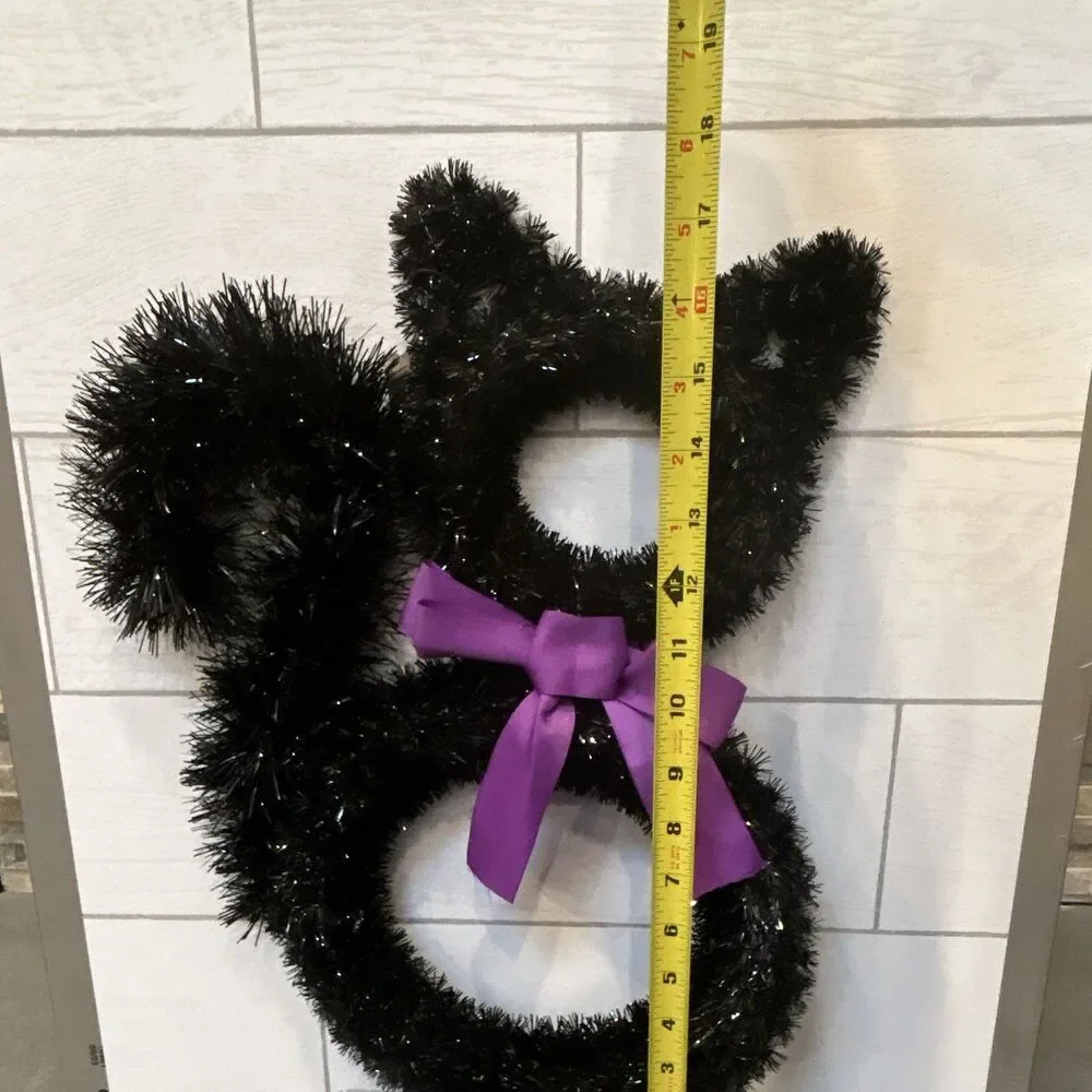 Ashland Artificial Halloween Black Tinsel Cat Wreath Purple Bow, 16 Inch